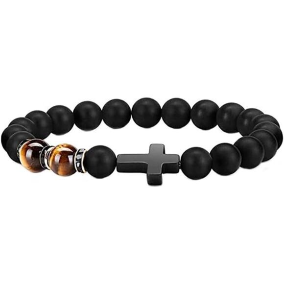 Mens Cross Bracelet Tiger Eye Beaded Catholic Rosary Adjustable Crystal Stone - Picture 1 of 8